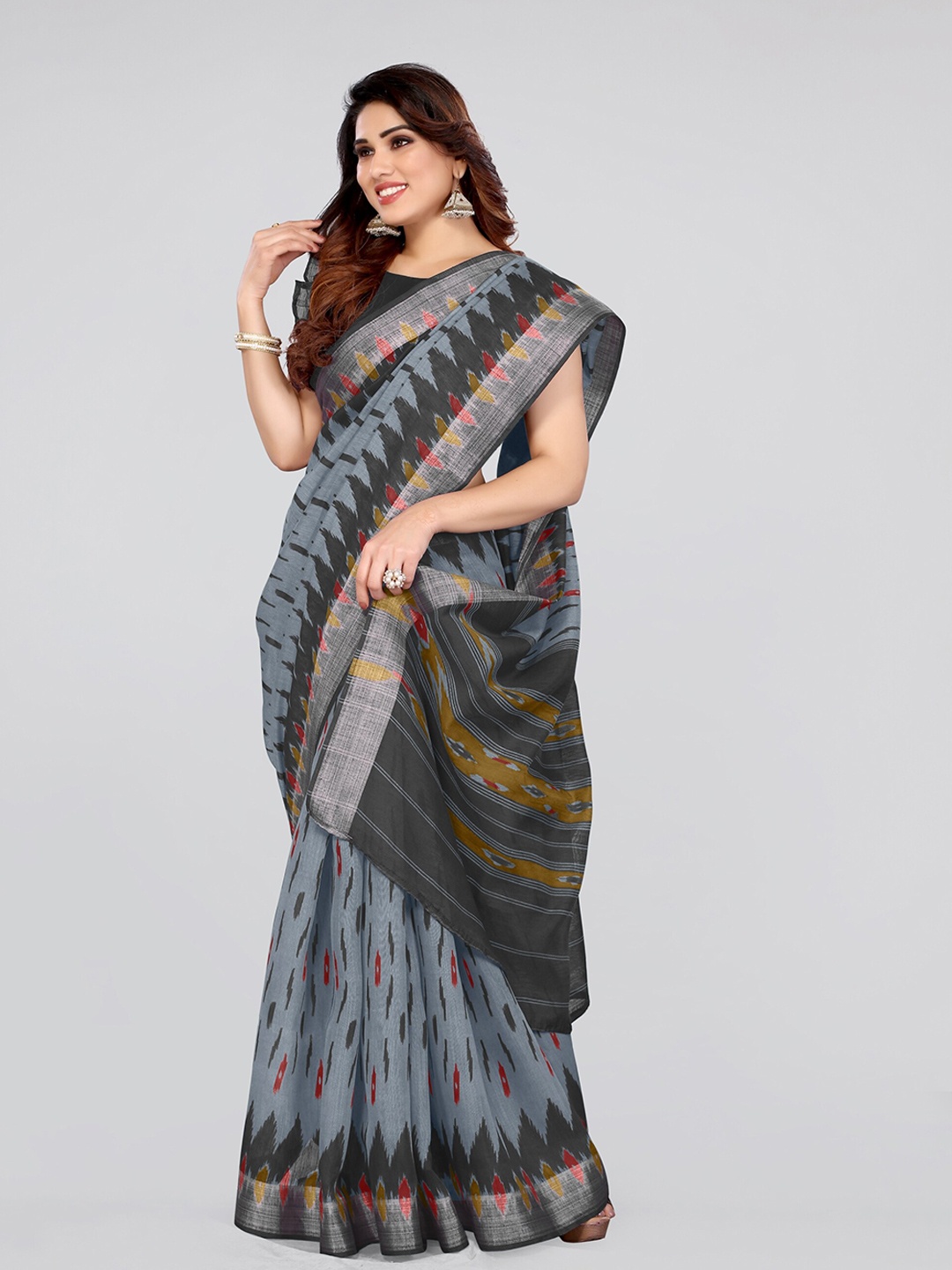 

KALINI Ethnic Motif Ikat Saree With Blouse Piece, Grey