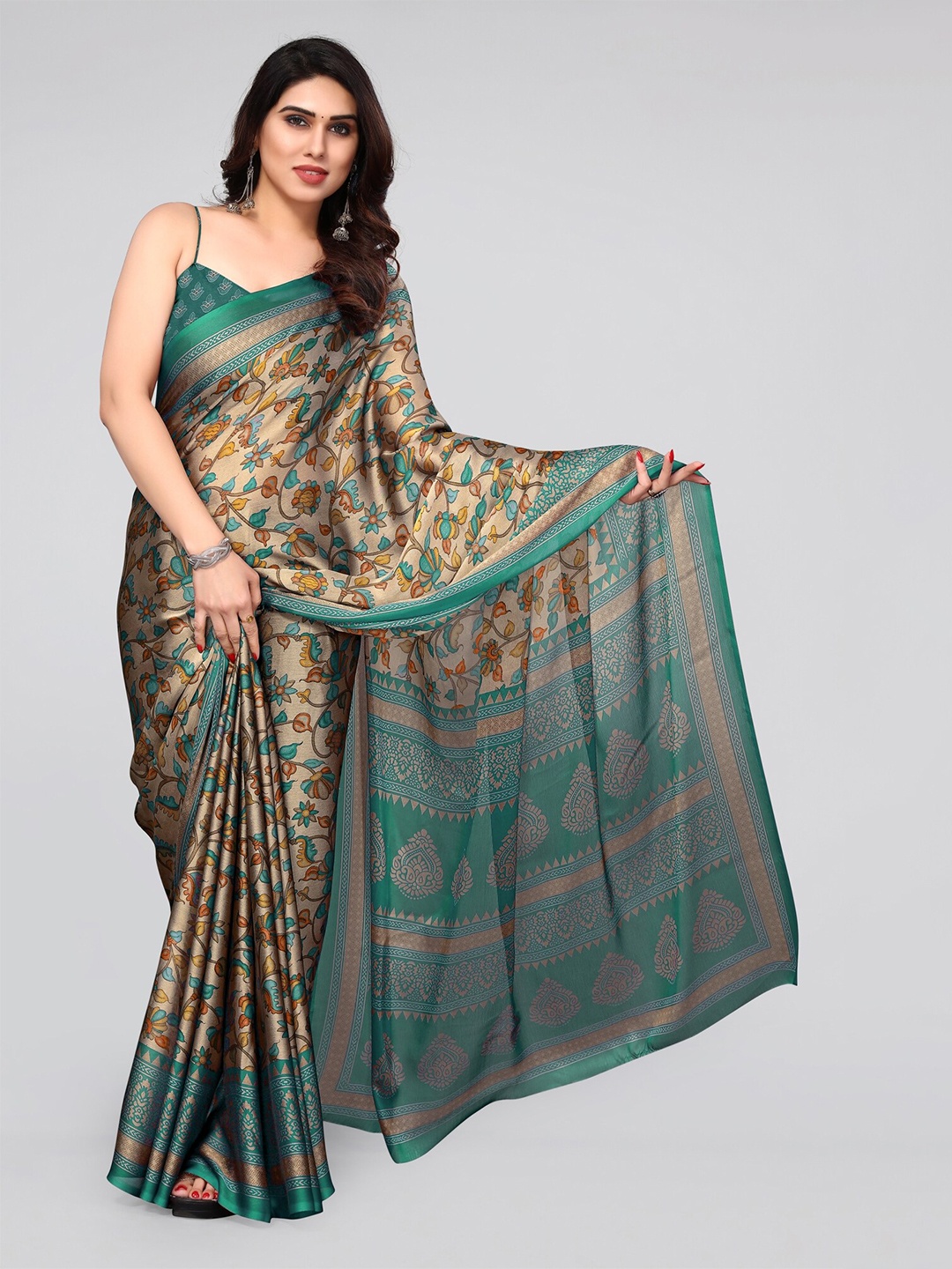 

KALINI Floral Poly Chiffon Saree With Blouse Piece, Teal