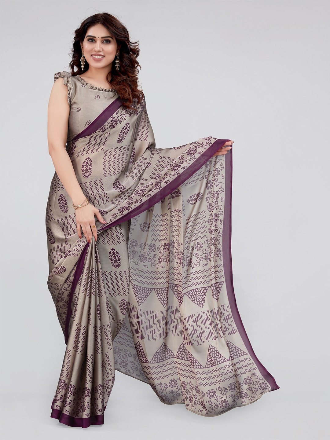 

KALINI Ethnic Motifs Poly Chiffon Saree With Blouse Piece, Beige