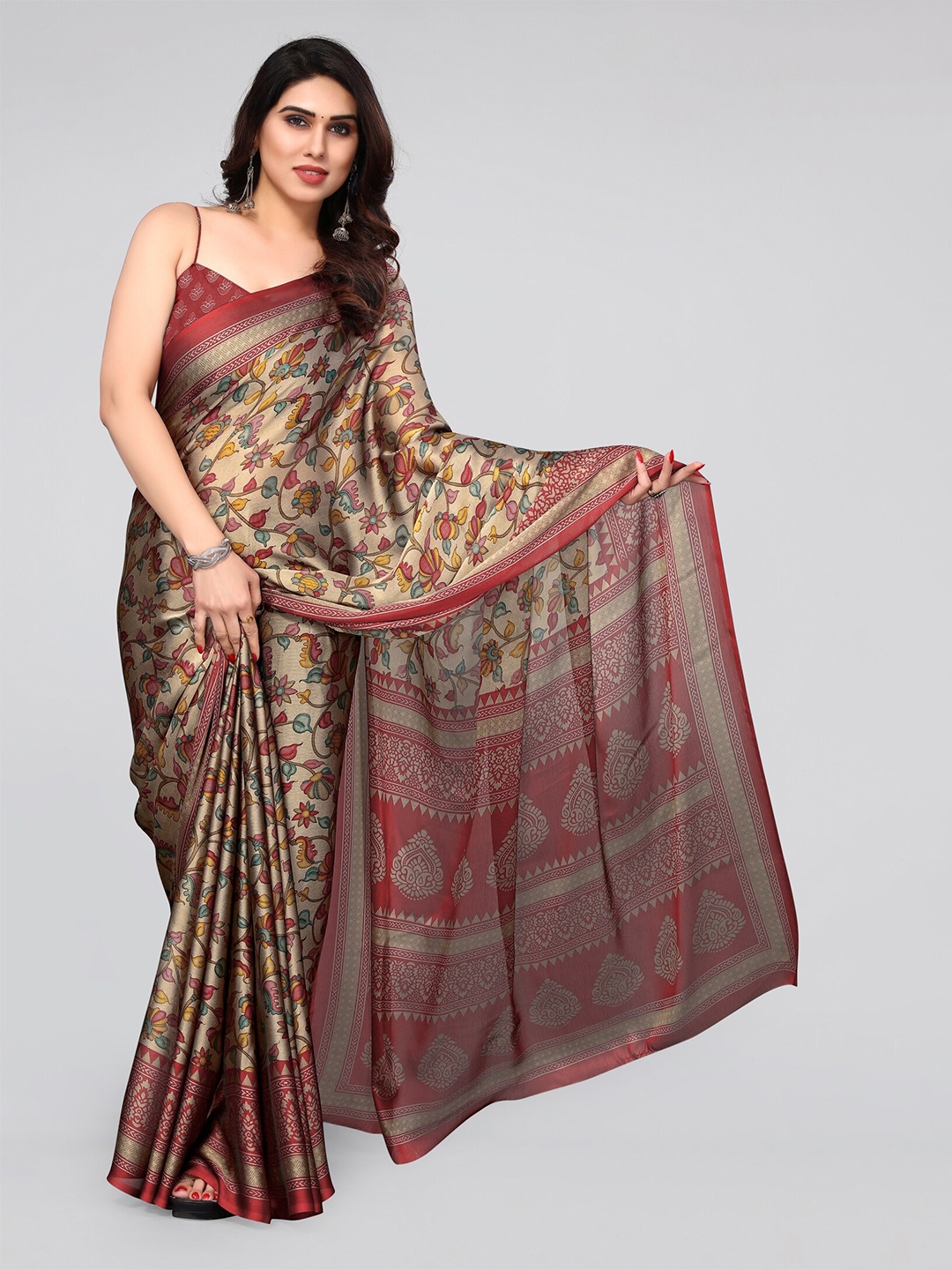 

KALINI Floral Poly Chiffon Saree With Blouse Piece, Rust