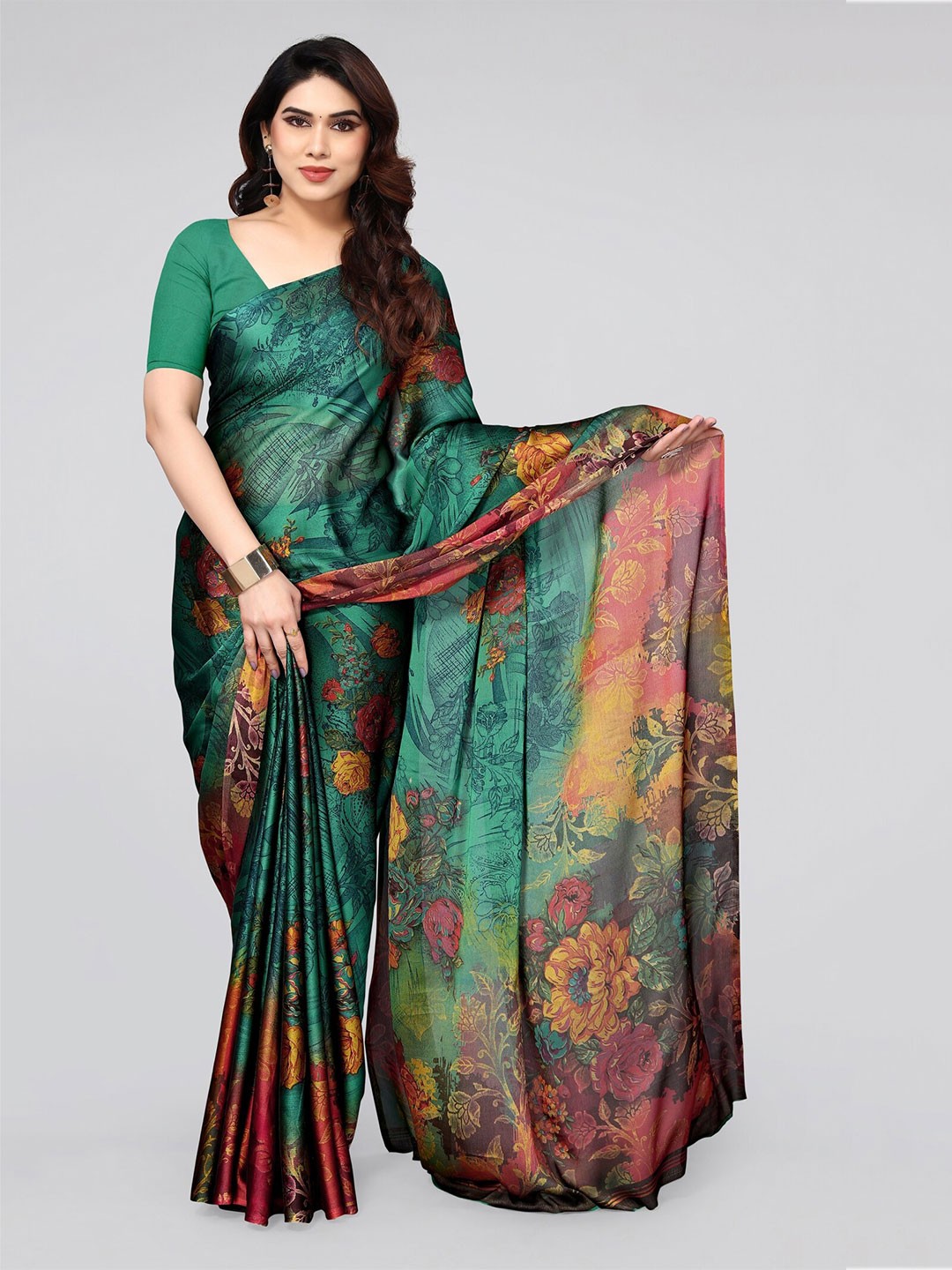 

KALINI Floral Printed Chiffon Saree, Teal