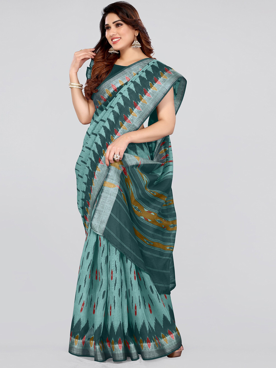 

KALINI Ikat Printed Saree, Teal
