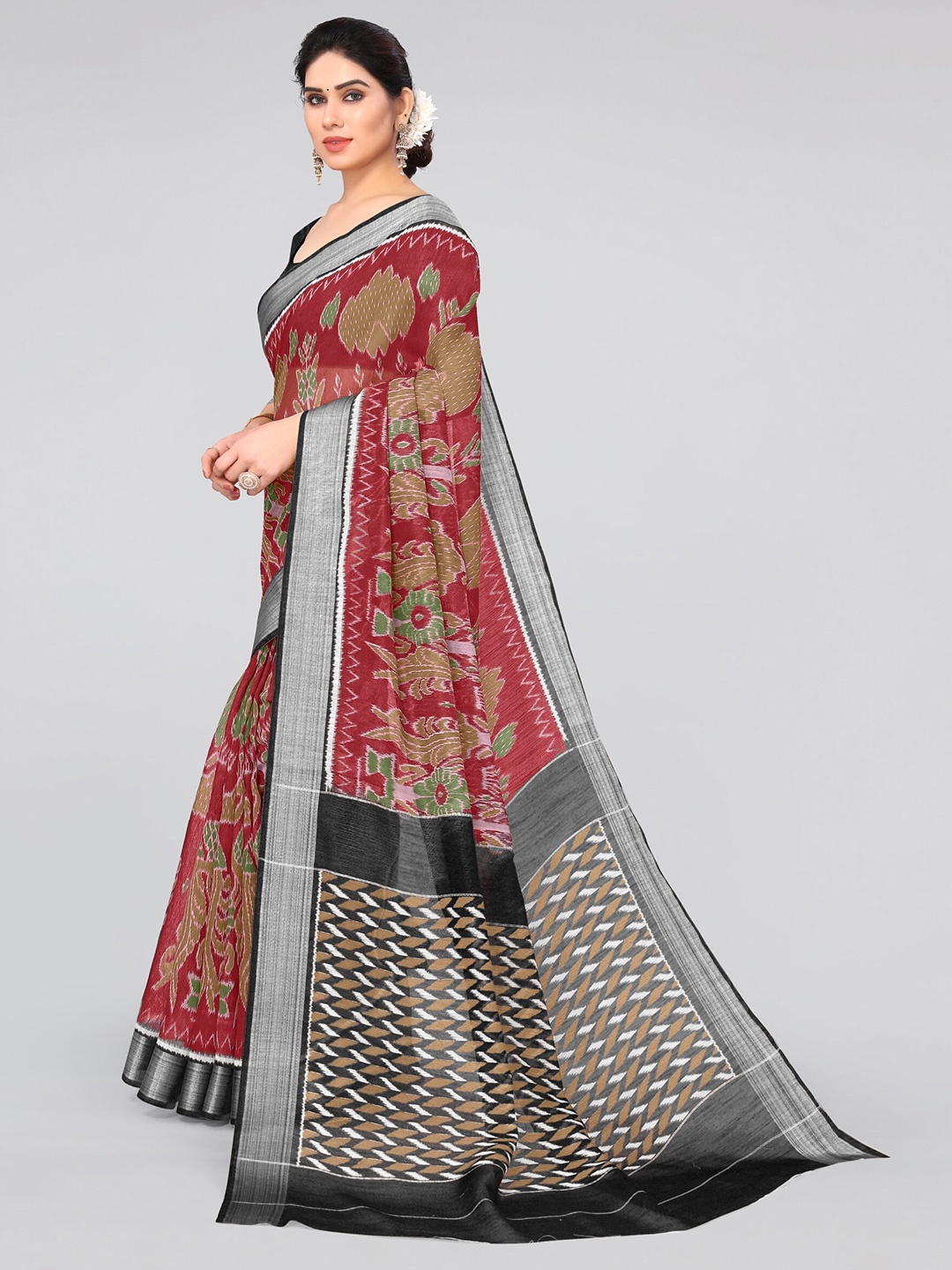 

KALINI Ethnic Motifs Printed Zari Saree, Red