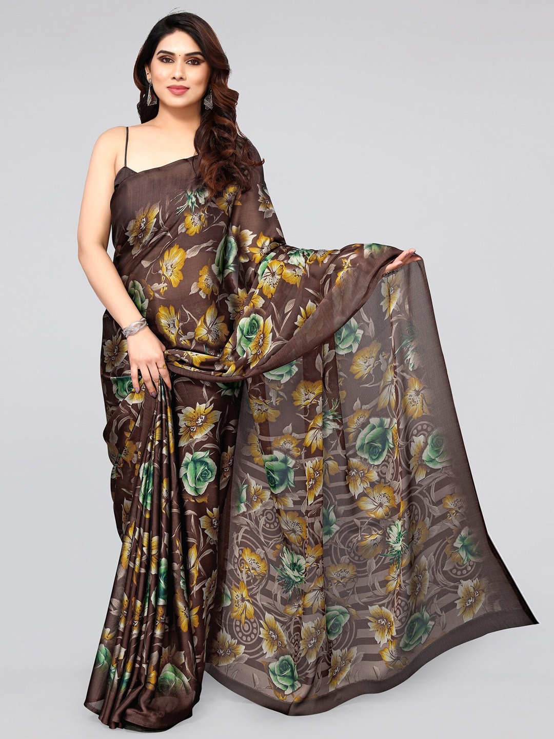 

KALINI Floral Poly Chiffon Saree With Blouse Piece, Brown