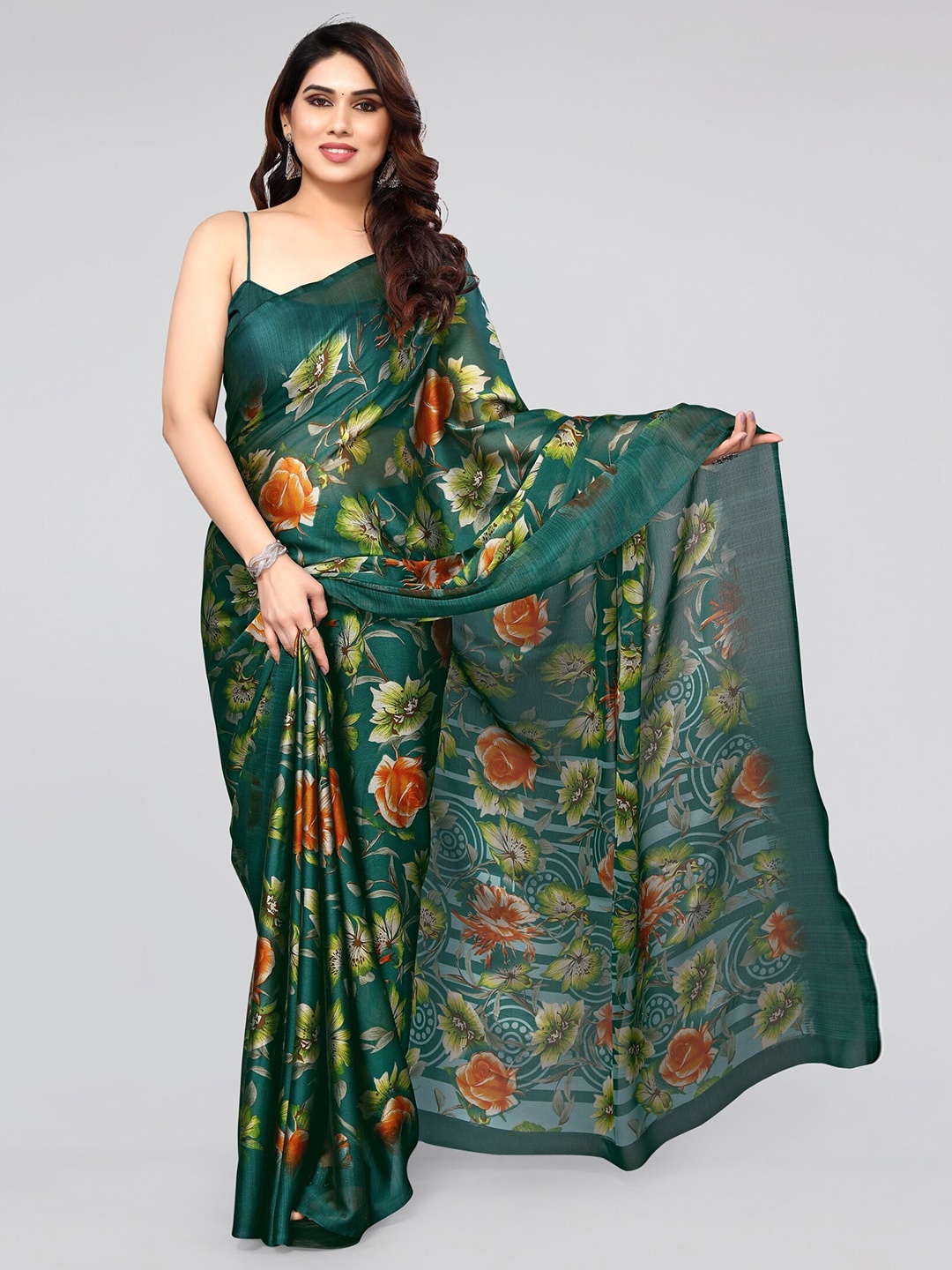 

KALINI Floral Poly Chiffon Saree With Blouse Piece, Green