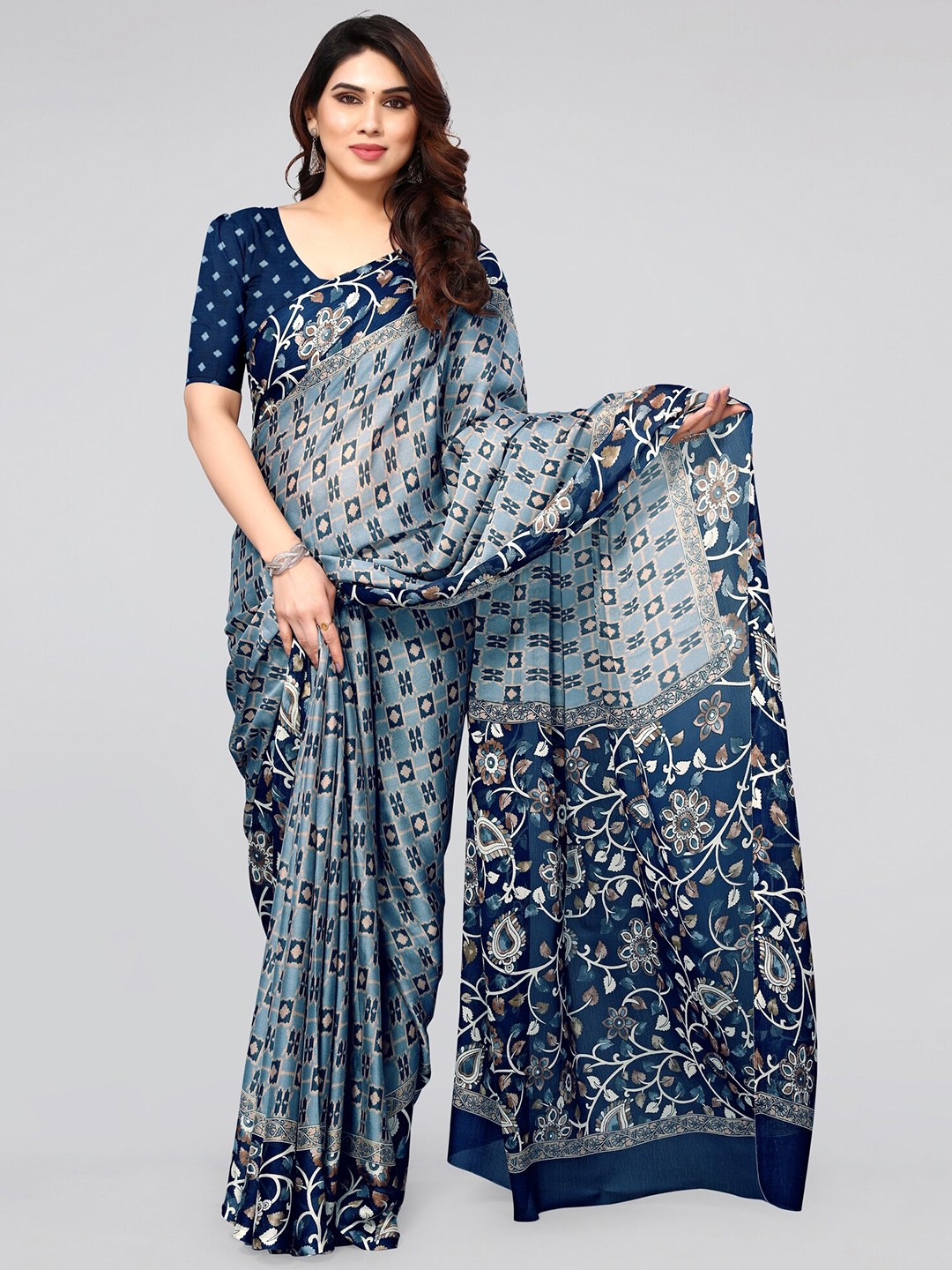 

KALINI Ethnic Motif Poly Chiffon Saree With Blouse Piece, Navy blue