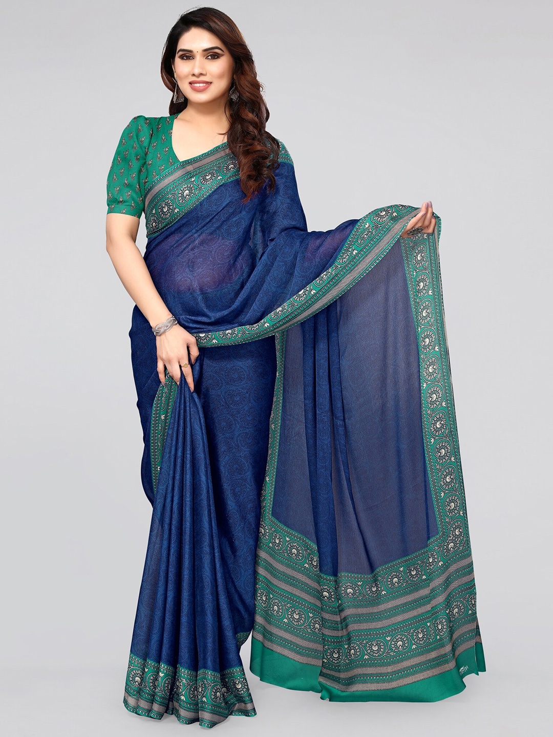 

KALINI Ethnic Motifs Poly Chiffon Saree With Blouse Piece, Blue