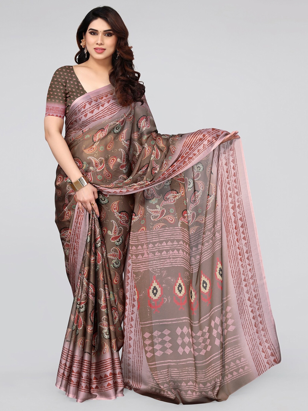 

KALINI Paisley Poly Chiffon Saree With Blouse Piece, Brown