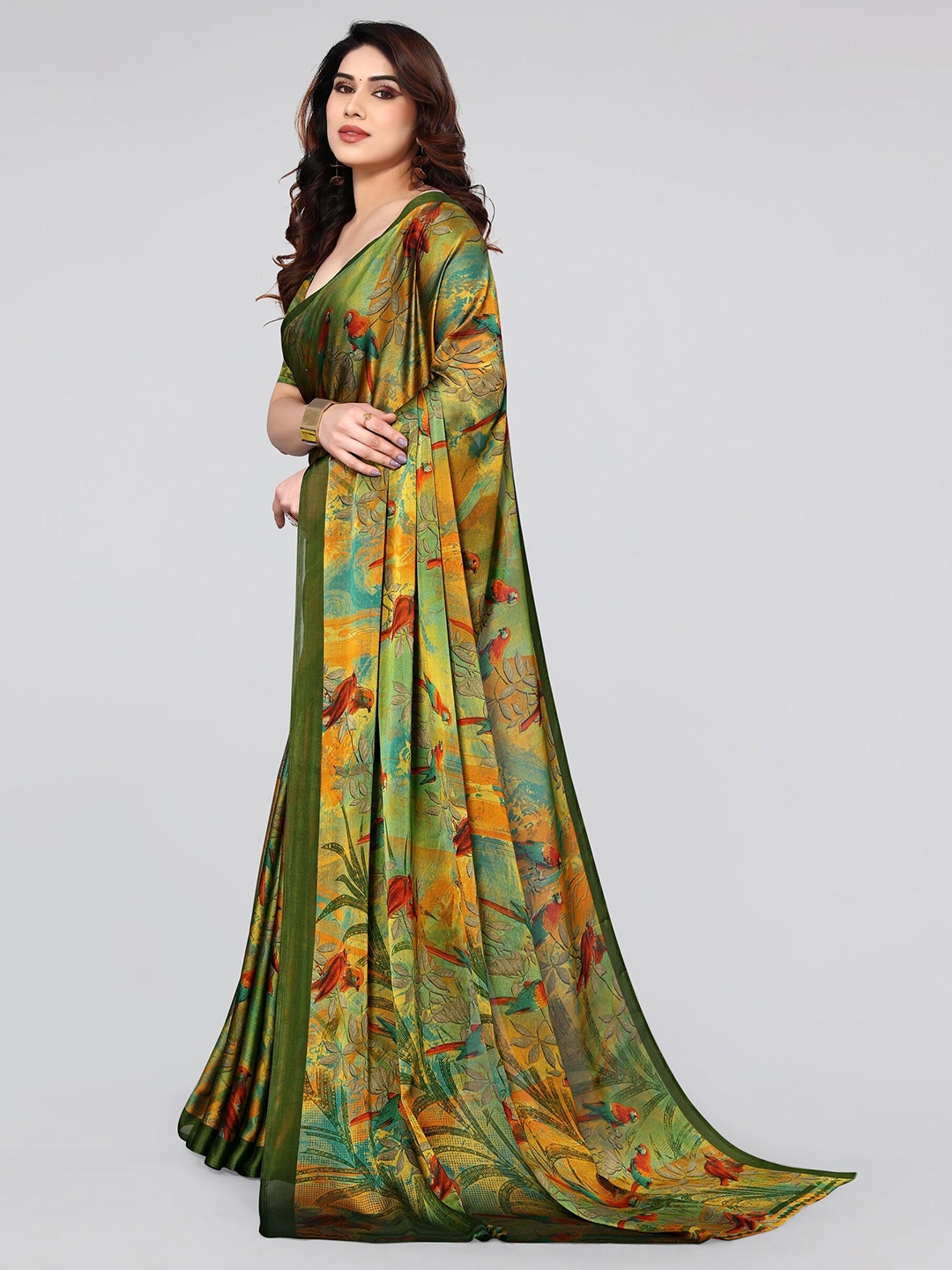 

KALINI Ethnic Motif Ply Chiffon Saree With Blouse Piece, Olive