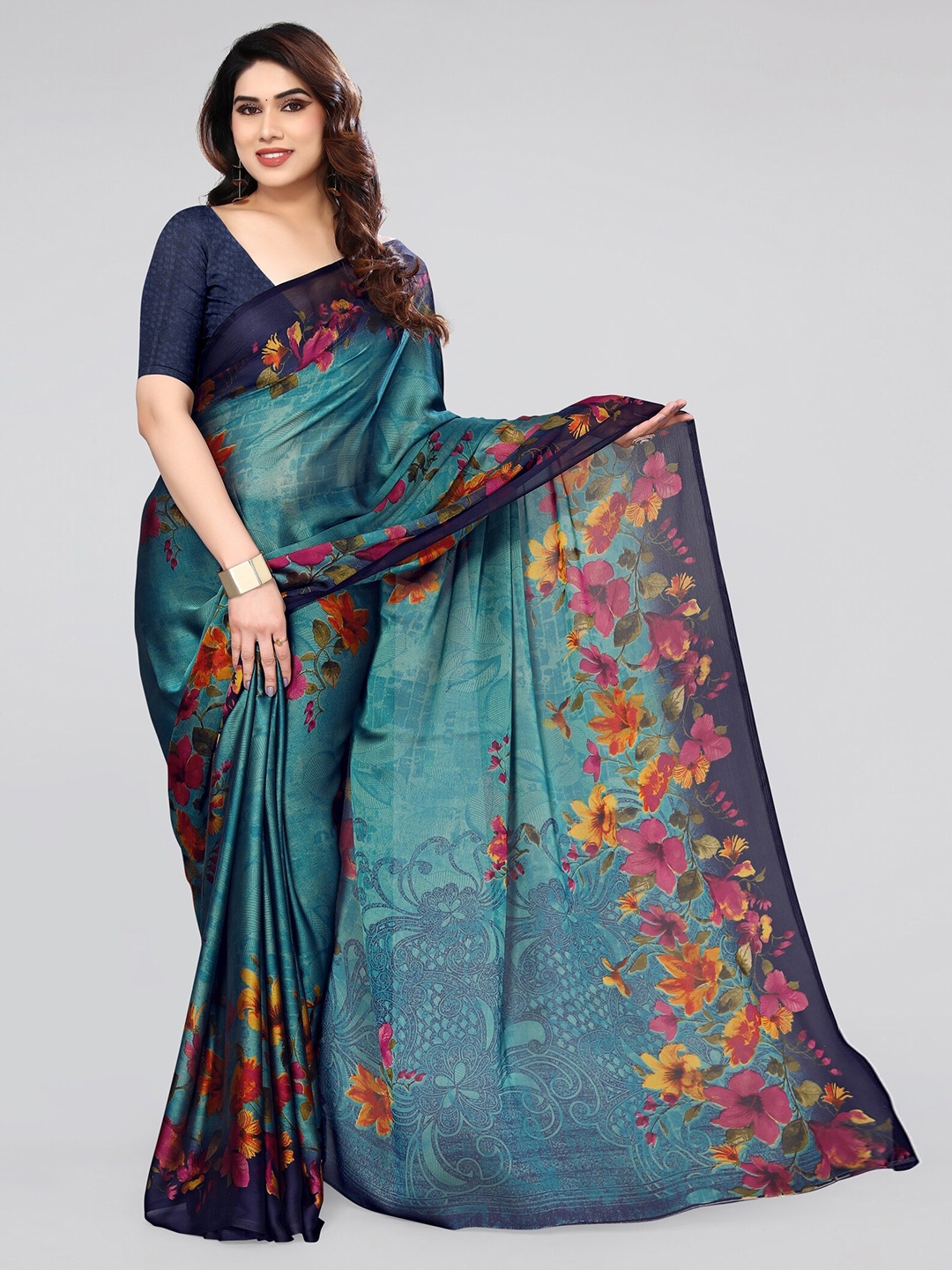 

KALINI Floral Printed Saree, Turquoise blue