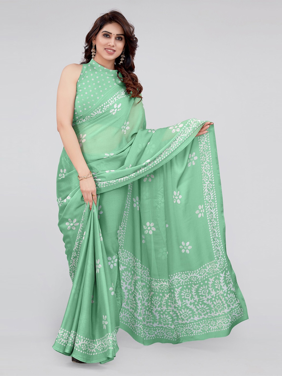 

KALINI Batik Printed Saree, Green