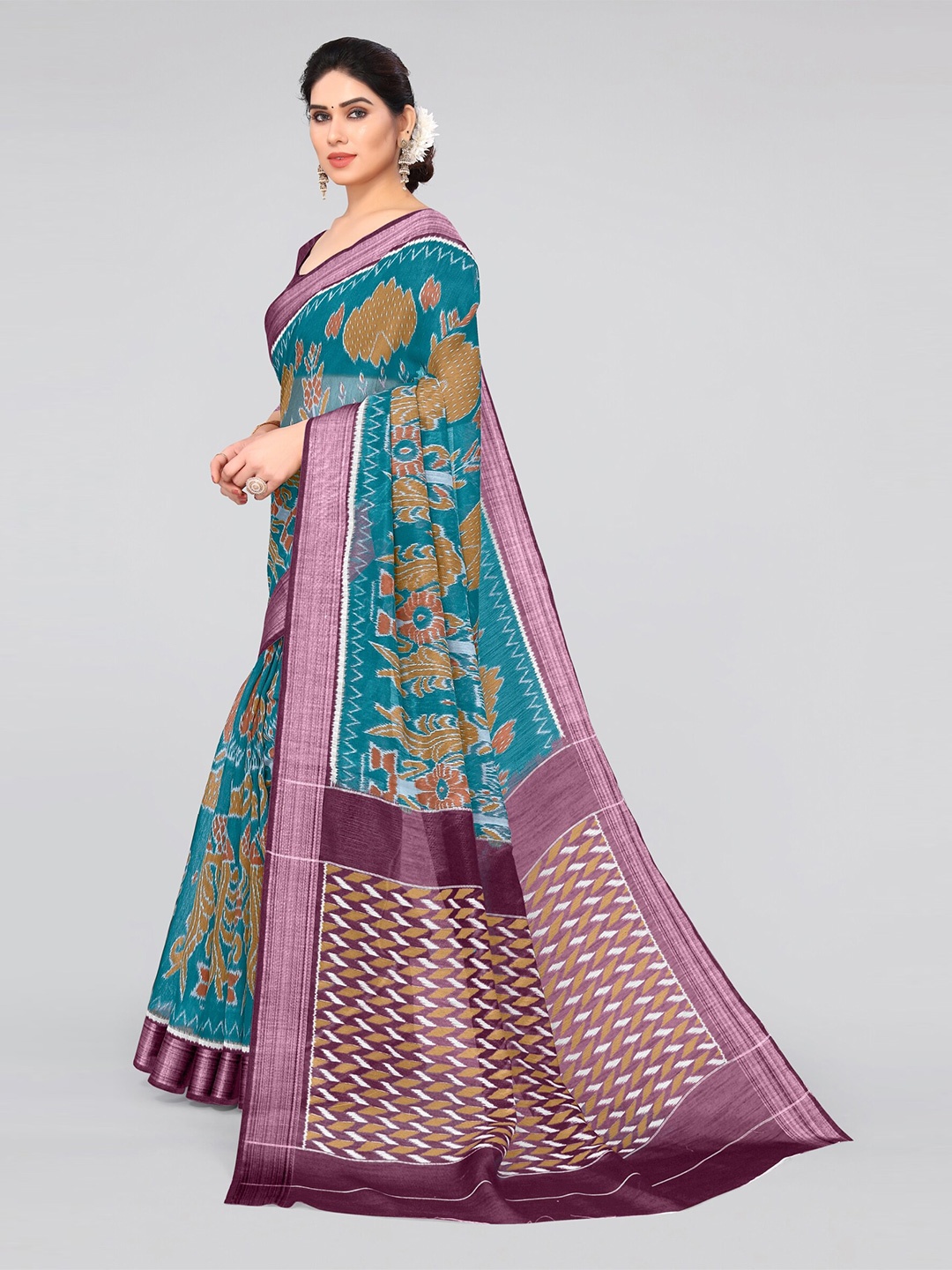 

KALINI Ethnic Motif Zari Block Print Saree With Blouse Piece, Turquoise blue