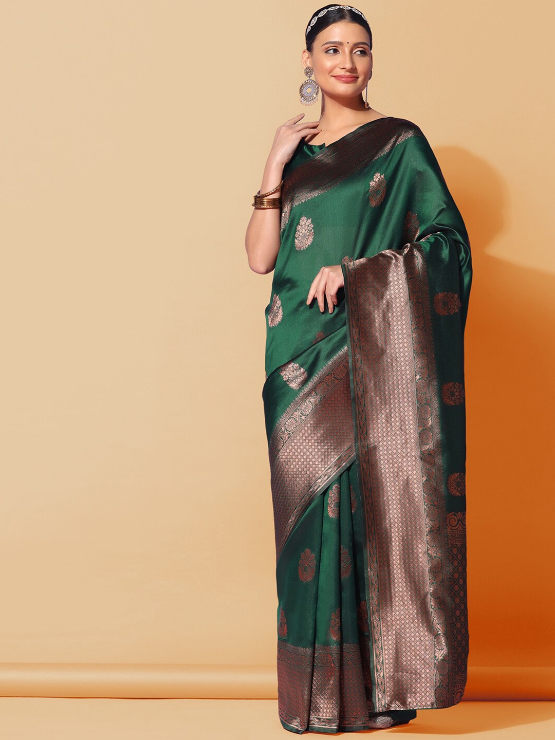 

Mitera Green & Gold Toned Floral Woven Design Zari Saree