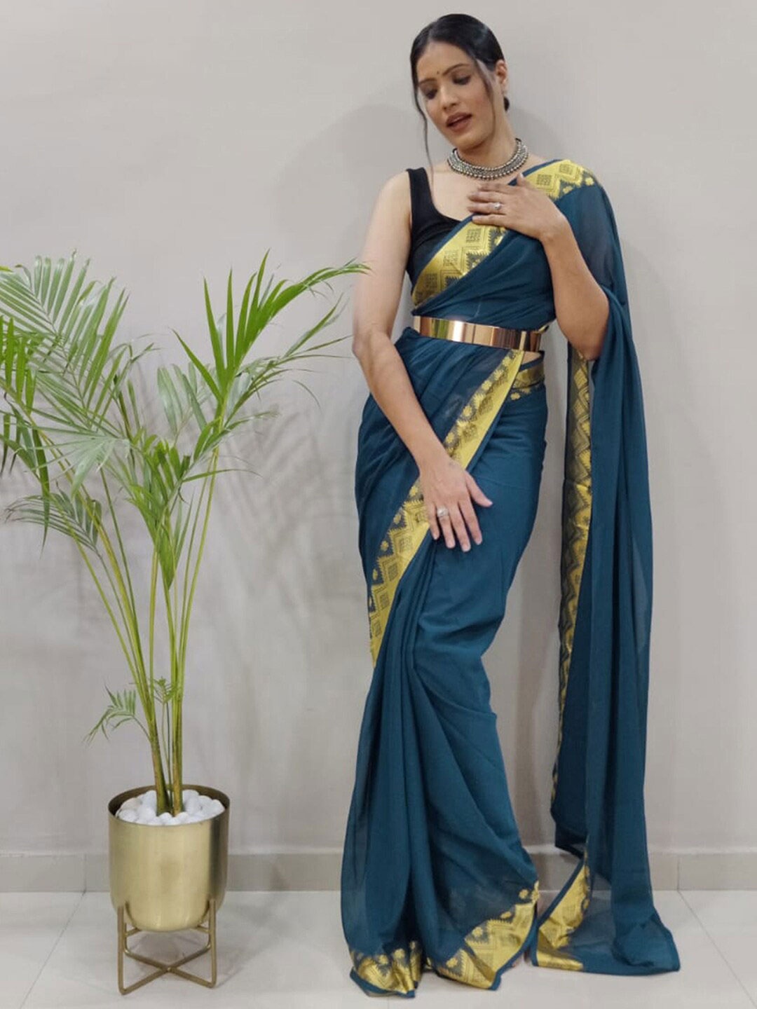 

Mitera Blue & Cream-Coloured Zari Ready to Wear Saree