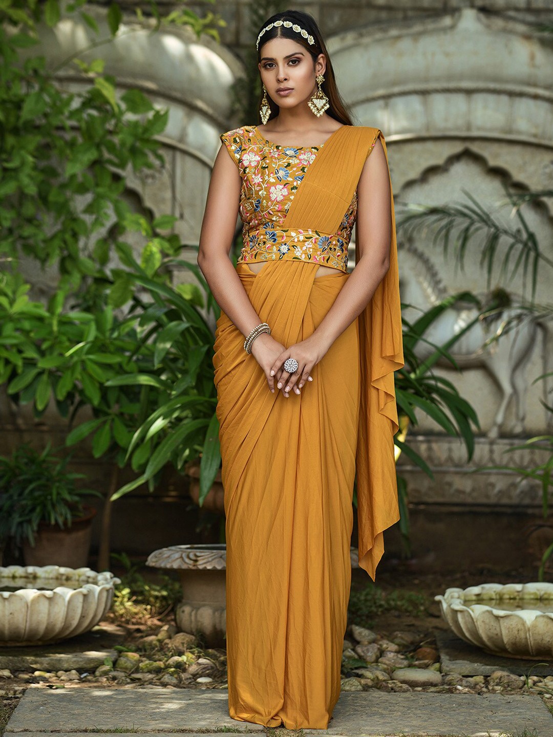 

Mitera Mustard Yellow Ready To Wear Lycra Saree
