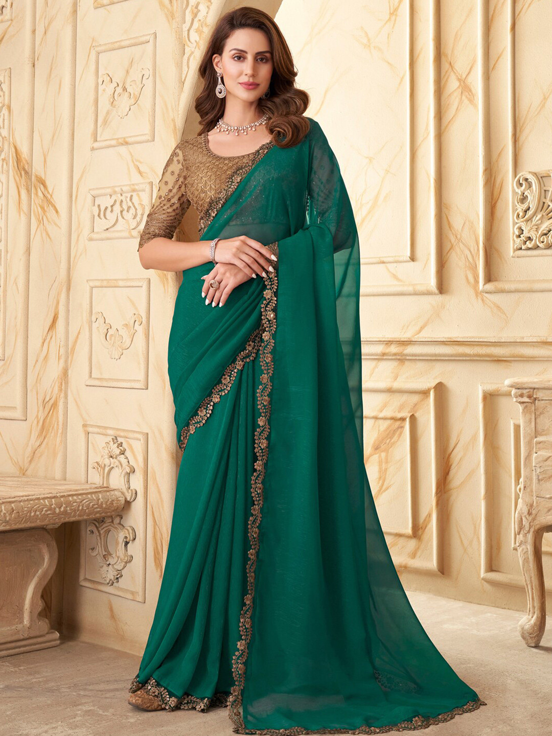 

Mitera Sequinned Embellished Saree, Green