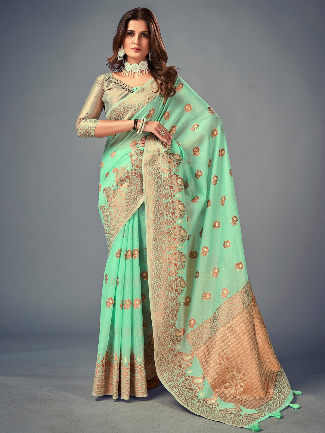 

Mitera Turquoise Blue & Gold-Toned Floral Woven Design Zari Saree