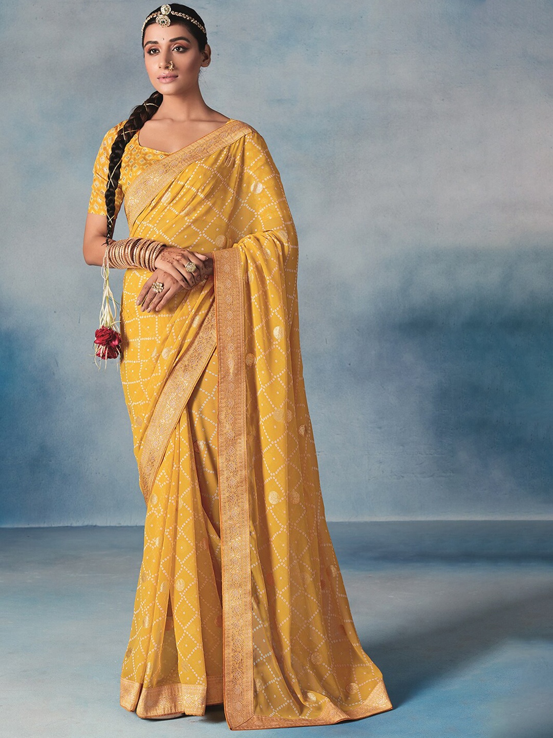

Mitera Mustard & Gold Bandhani Zari Poly Georgette Saree