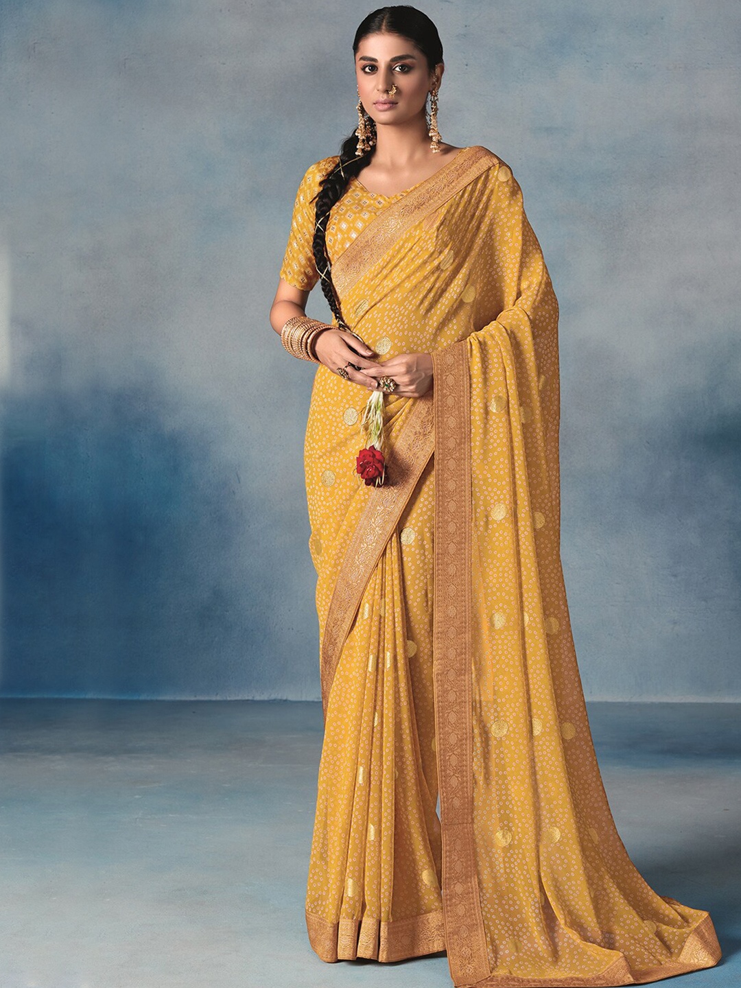 

Mitera Mustard & Gold-Toned Bandhani Zari Saree