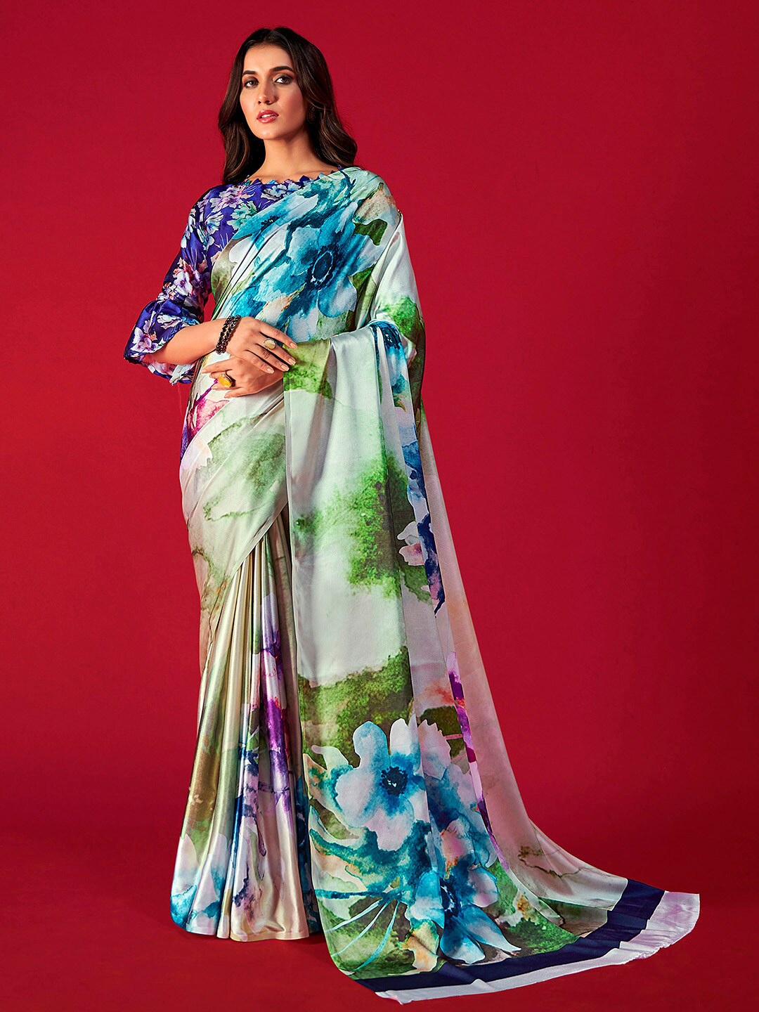 

Mitera Green & Blue Floral Satin Saree