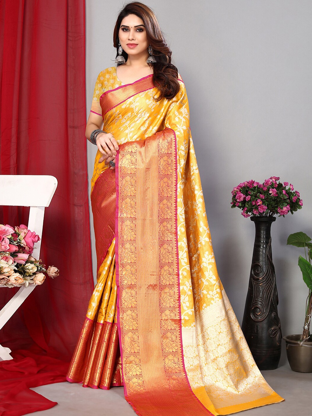 

Mitera Yellow & Red Woven Design Zari Saree