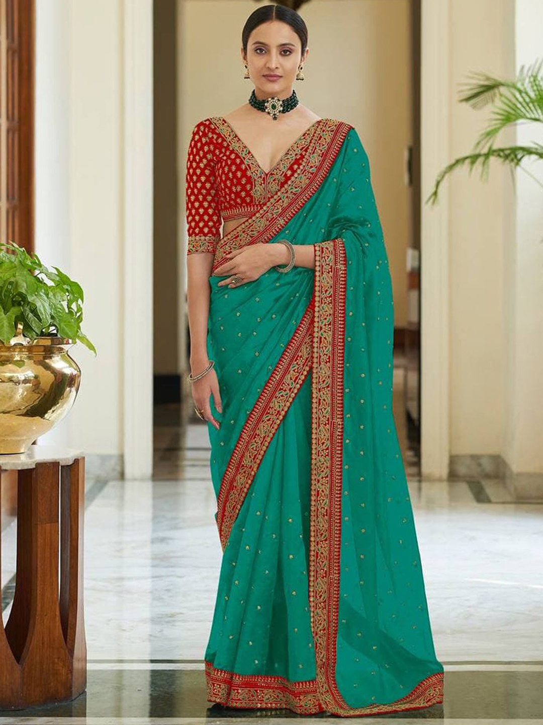 

Mitera Turquoise Blue & Red Sequin Embellished Saree