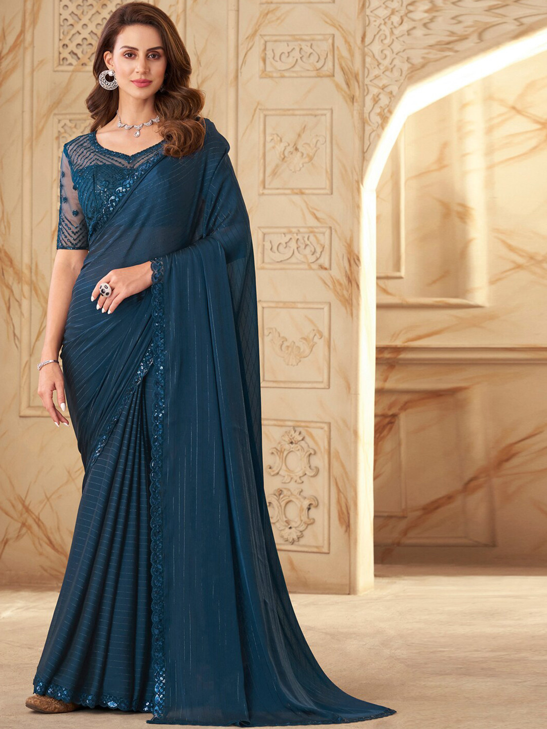 

Mitera Blue Striped Sequinned Saree