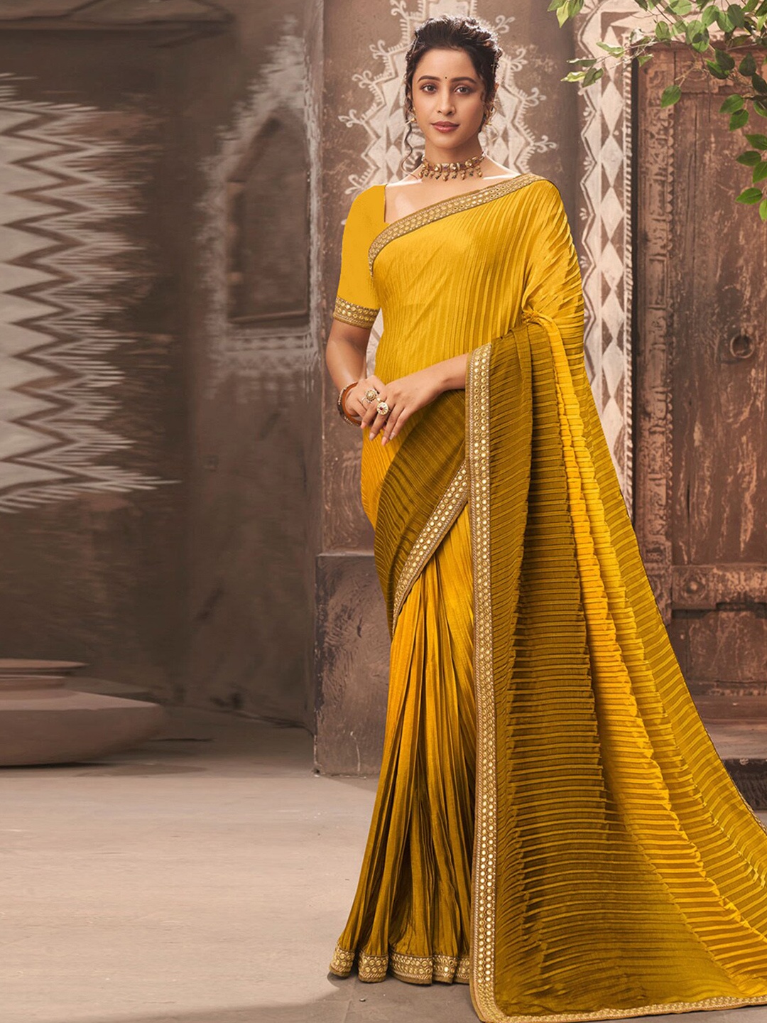 

Mitera Mustard Ombre Mirror Work Silk Cotton Saree