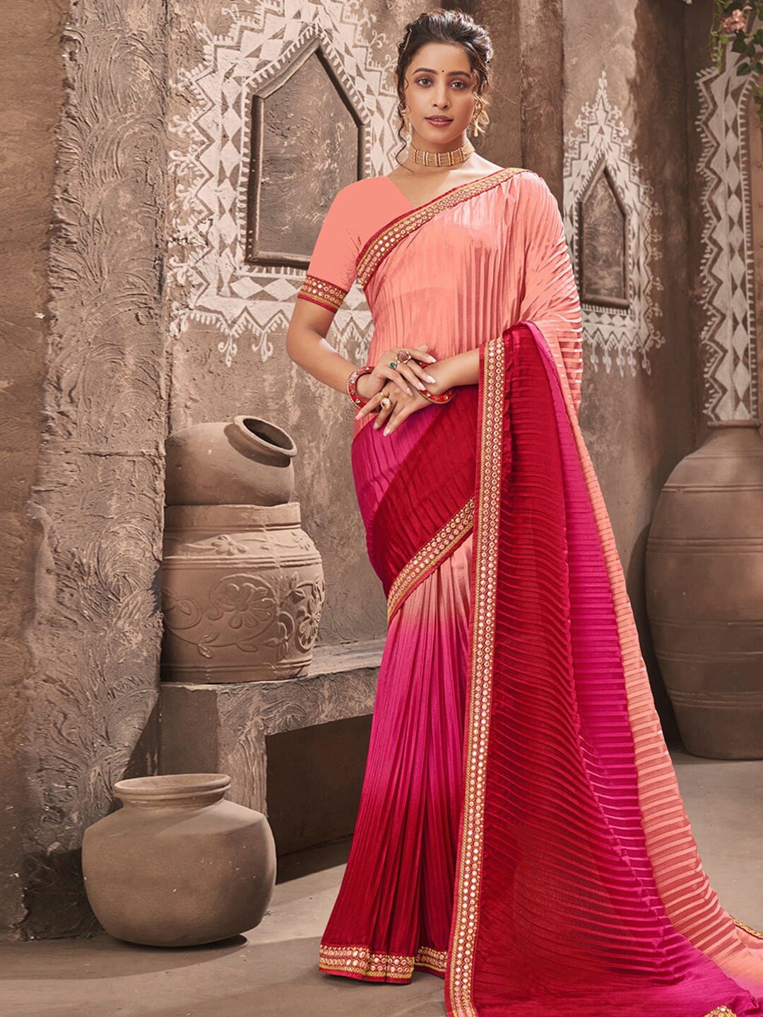 

Mitera Pink & Gold-Toned Ombre Embroidered Silk Cotton Saree