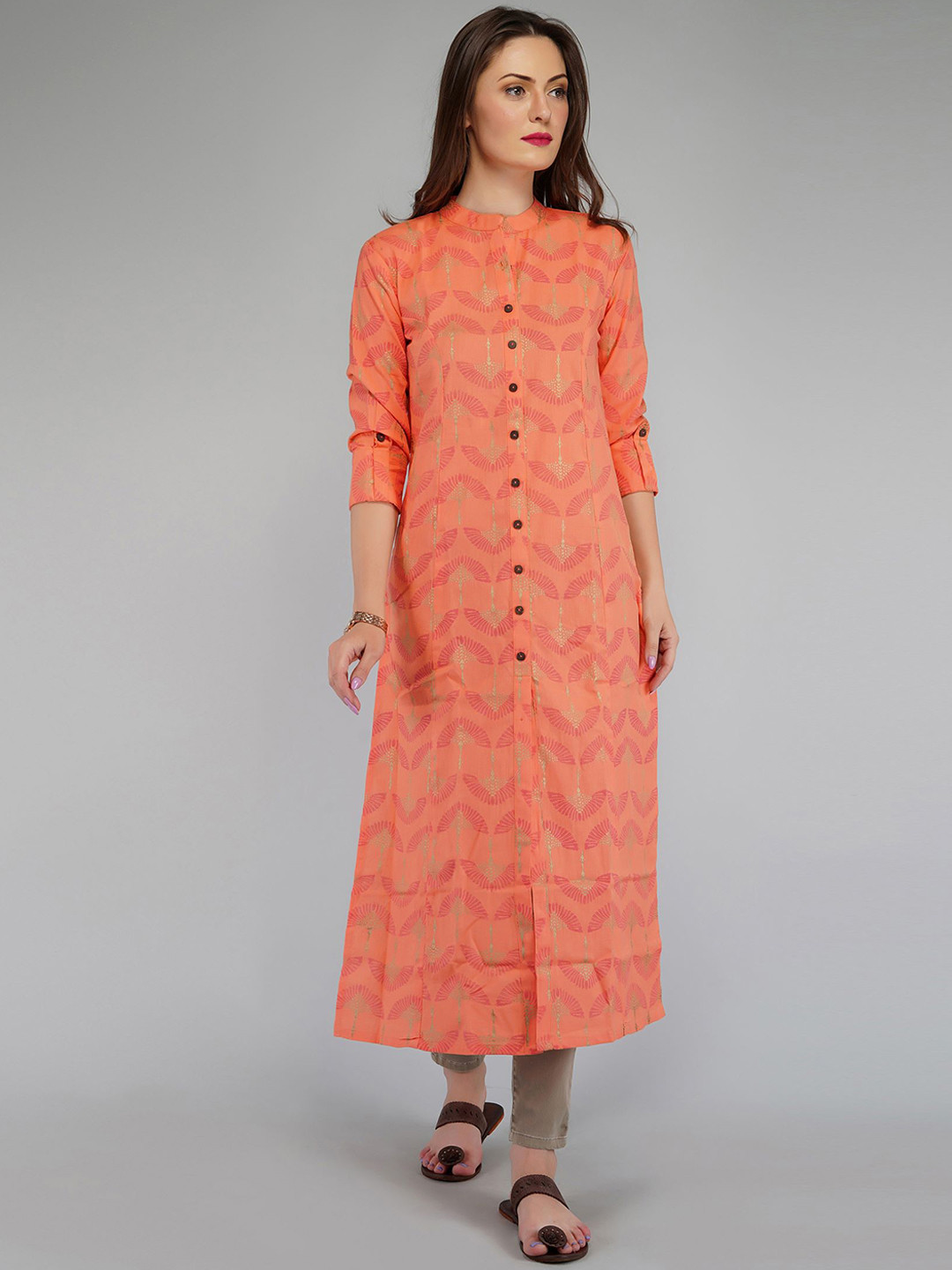 

METRO-FASHION Mandarin Collar Ethnic Motifs Printed Pure Cotton Kurta, Orange