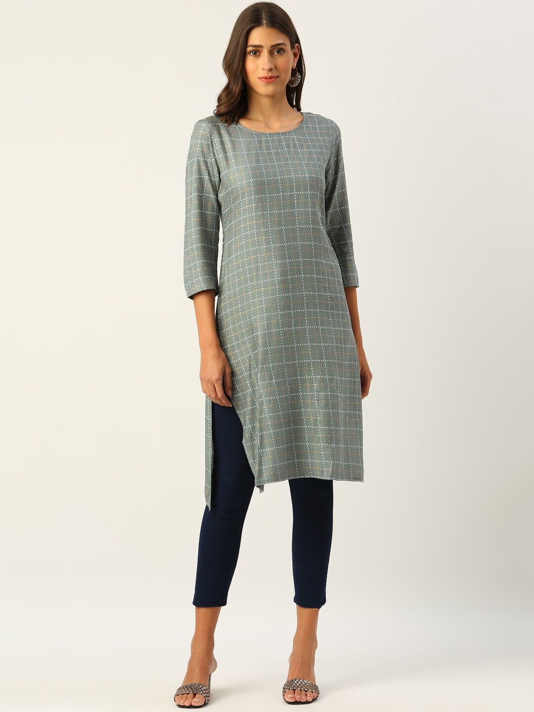 

METRO-FASHION Checked Cotton Straight Kurta, Grey