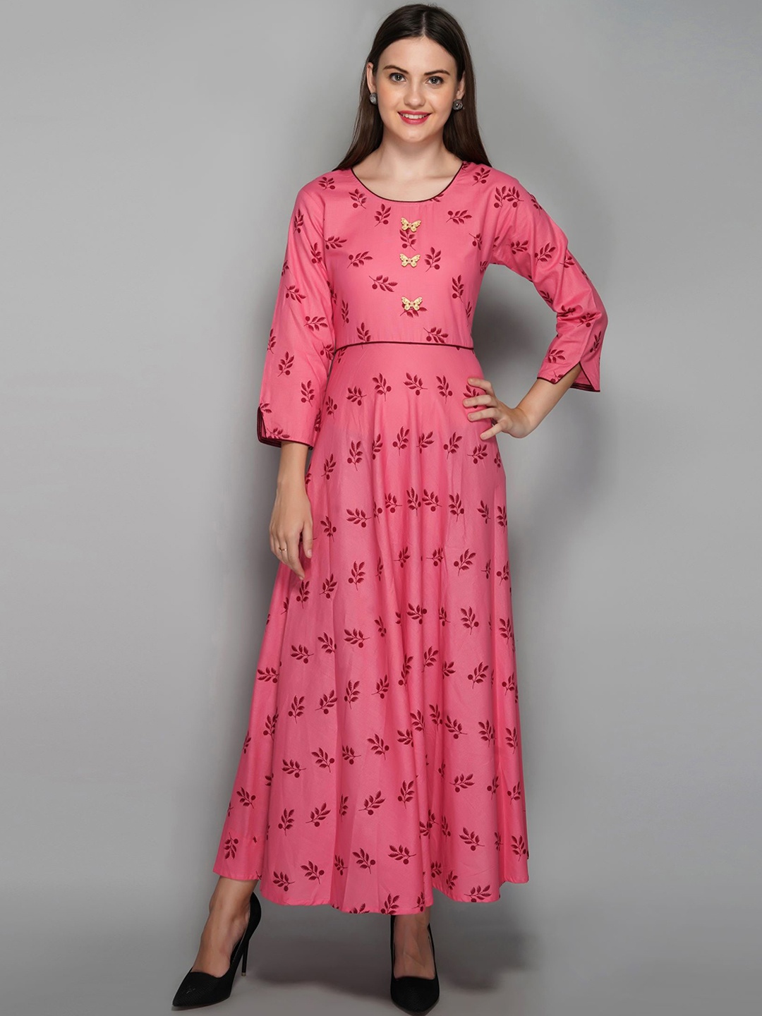 

METRO-FASHION Floral Printed Maxi A-Line Cotton Dress, Pink