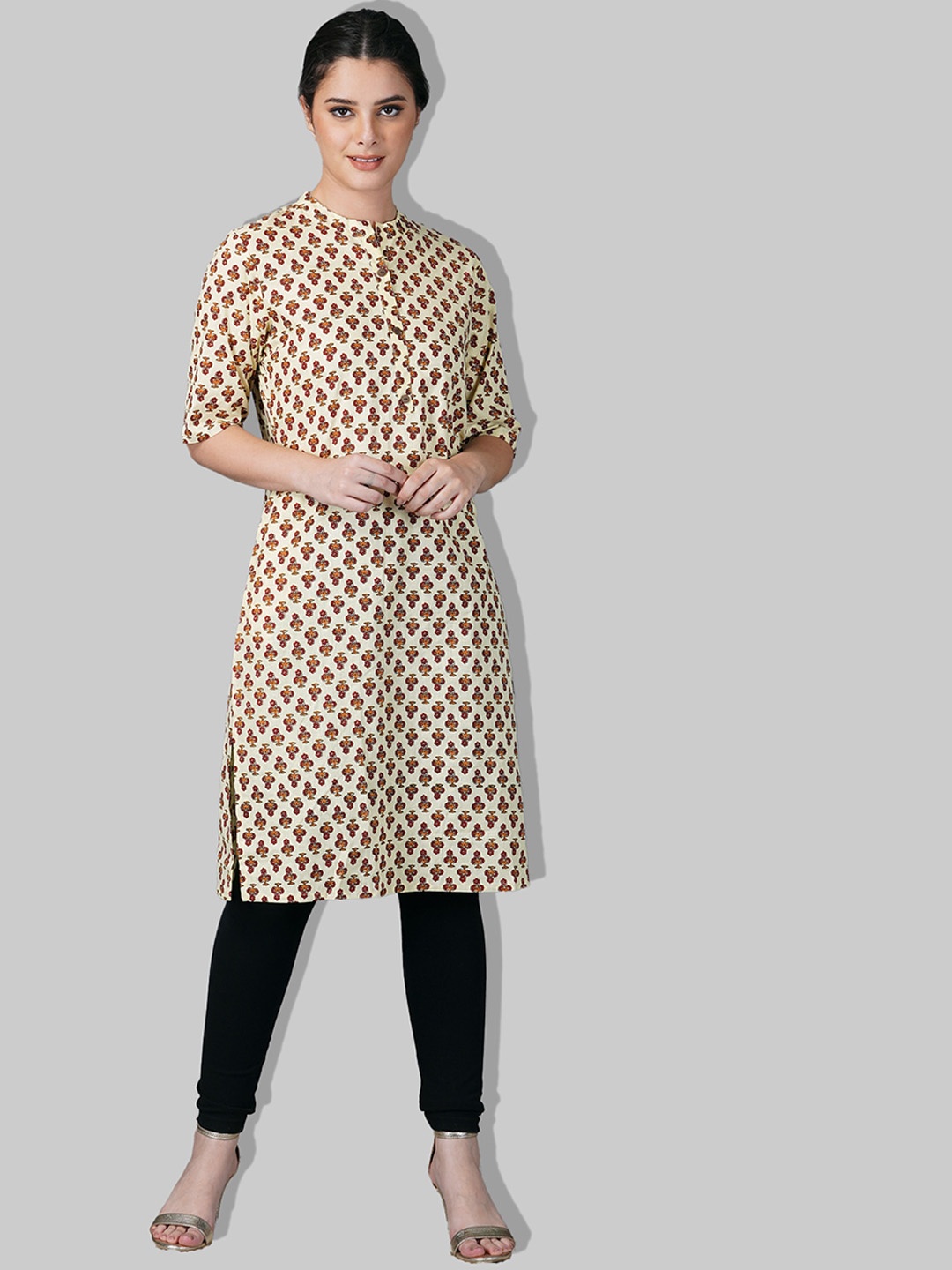 

METRO-FASHION Mandarin Collar Floral Printed Pure Cotton Kurta, Beige