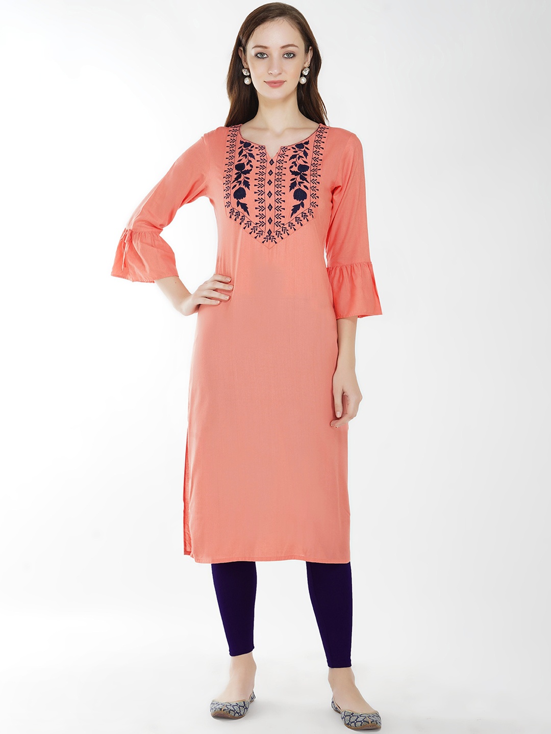 

METRO-FASHION Ethnic Motifs Yoke Design Bell Sleeves Thread Work Kurta, Peach