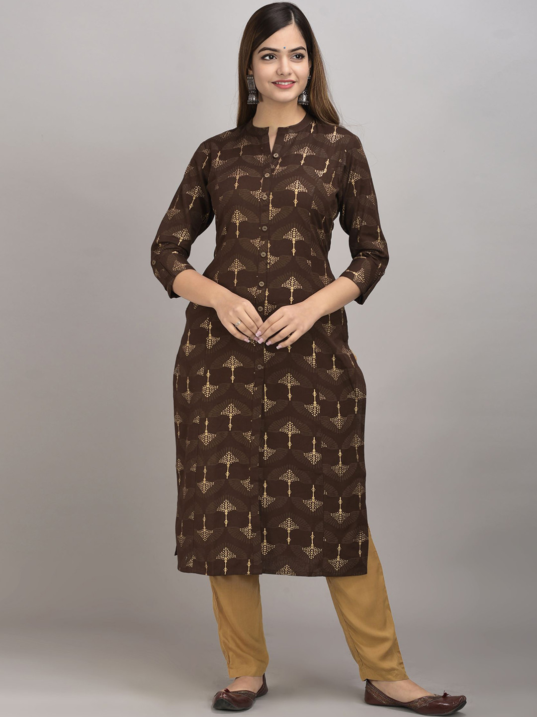 

METRO-FASHION Ethnic Motifs Printed Cotton Kurta, Brown