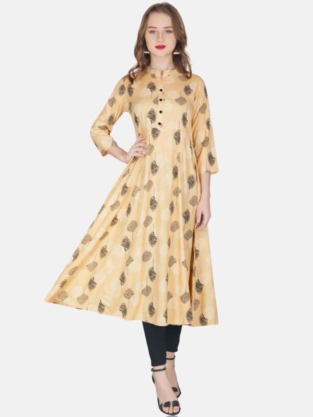 

METRO-FASHION Mandarin Collar Floral Printed Anarkali Kurta, Beige