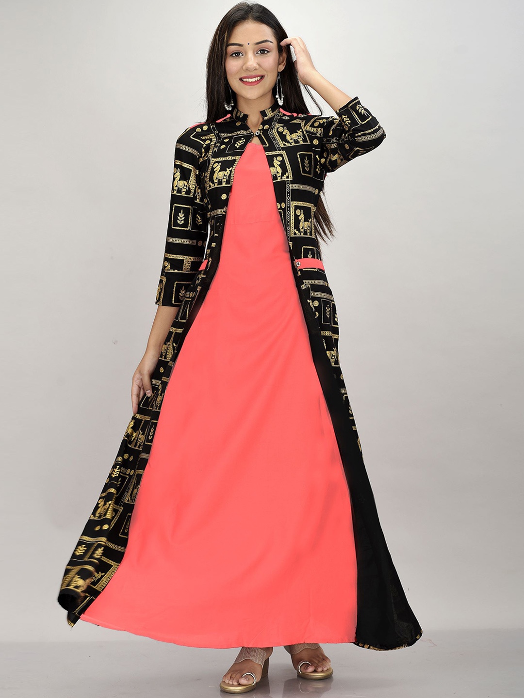 

METRO-FASHION Ethnic Motifs Printed Layered A-Line Maxi Dress, Peach