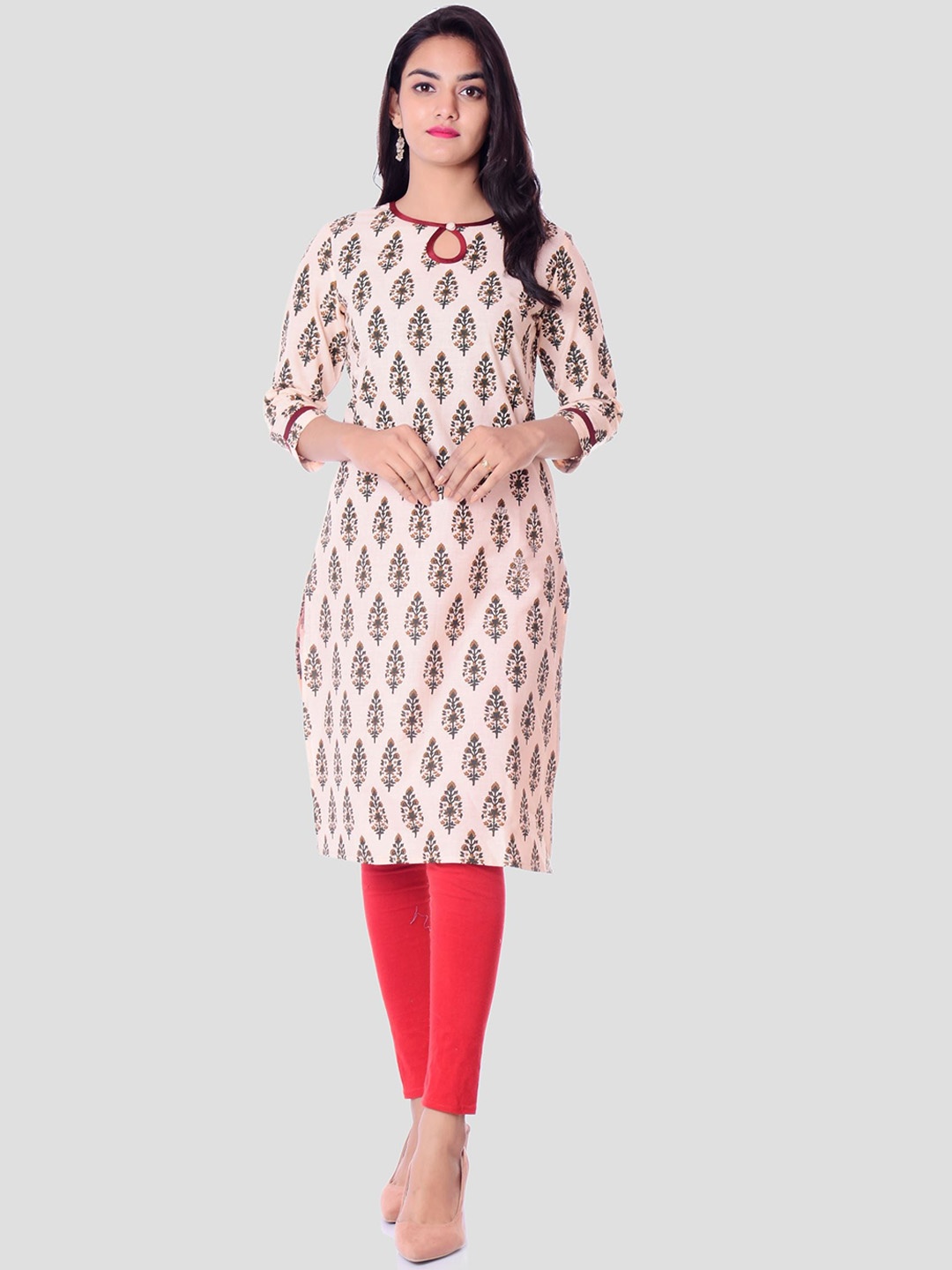 

METRO-FASHION Keyhole Neck Floral Printed Straight Kurta, Pink