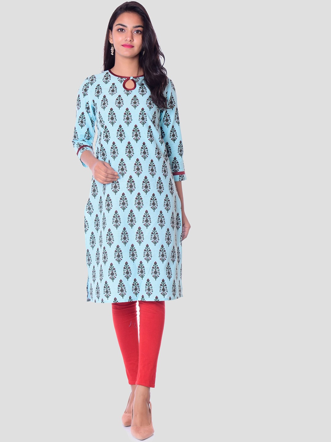 

METRO-FASHION Keyhole Neck Floral Printed Straight Kurta, Blue