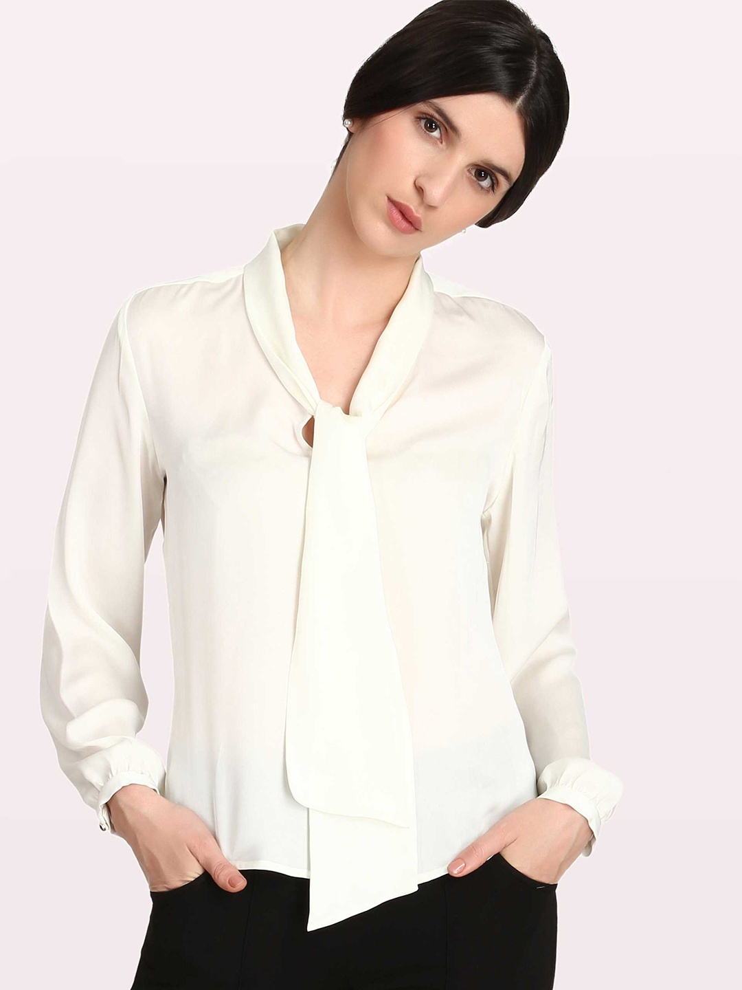 

SALT ATTIRE Tie Up Neck Cuffed Sleeves Satin Top, Off white