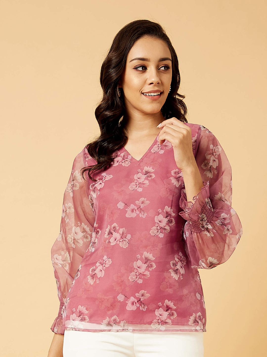 

SALT ATTIRE Floral Printed V-Neck Puff Sleeves Smocking detail Top, Pink