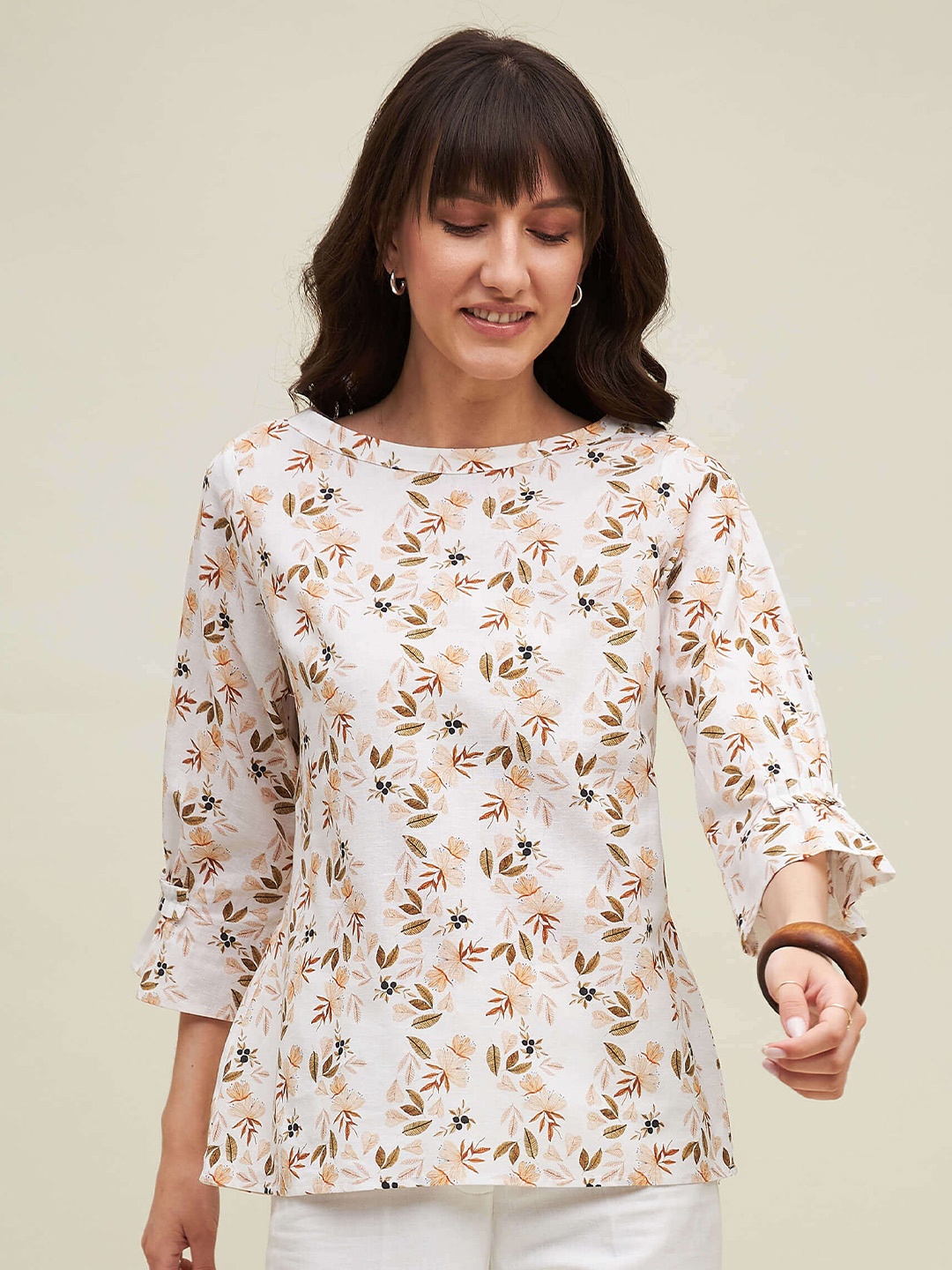 

SALT ATTIRE Floral Printed Boat Neck Slit Sleeves Cotton Top, White