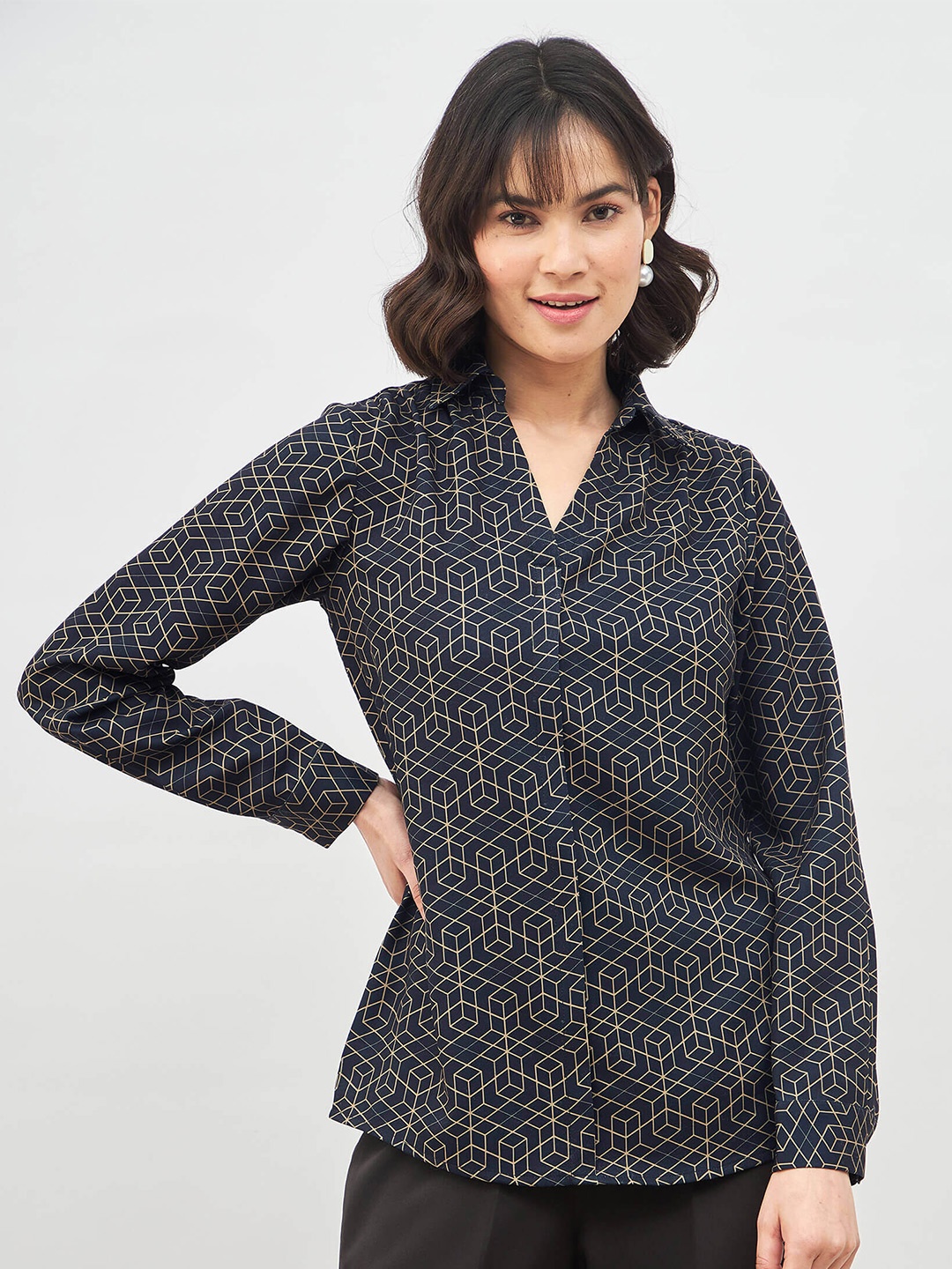 

SALT ATTIRE Geometric Printed Cuffed Sleeves Shirt Style Top, Navy blue