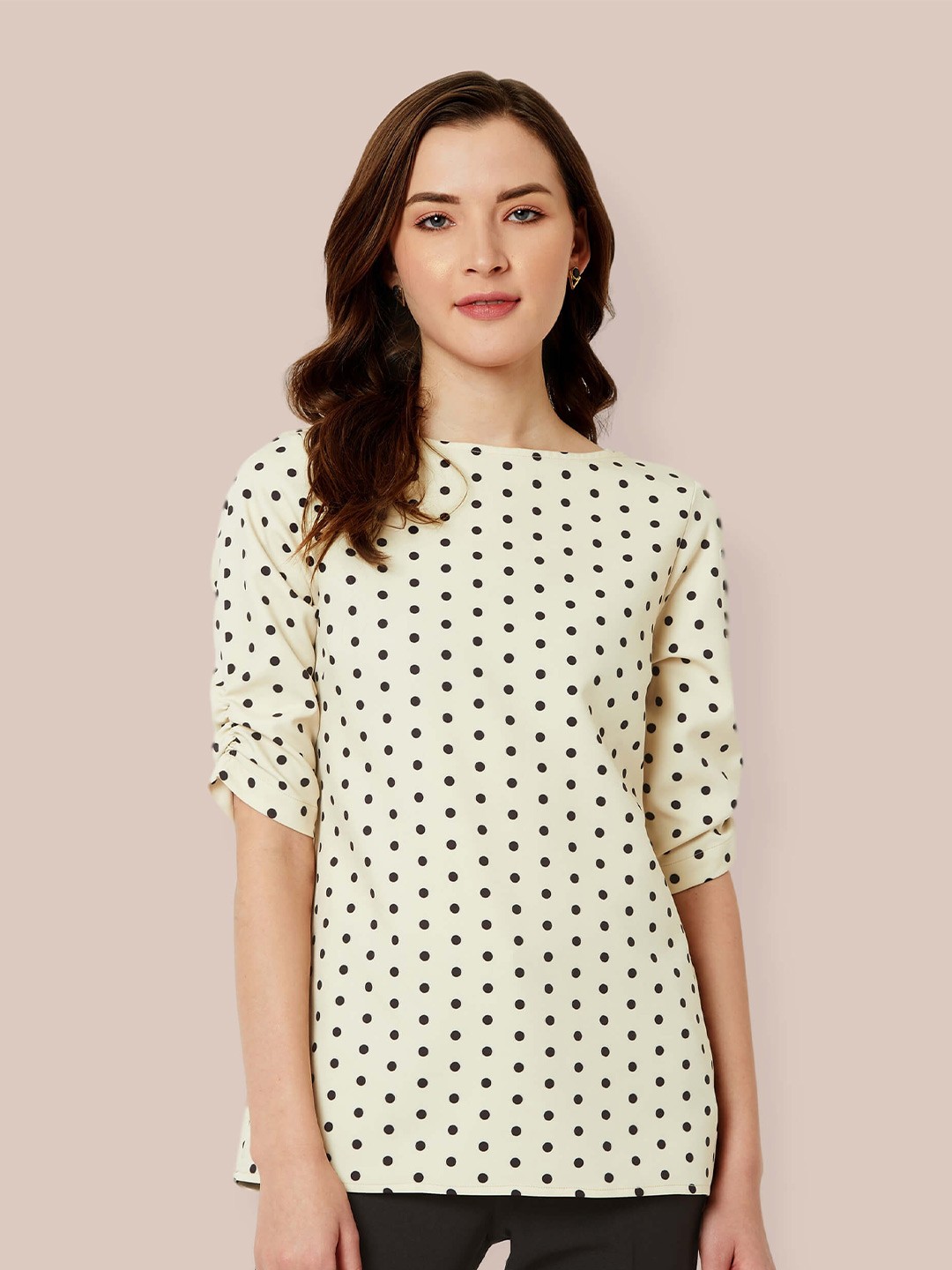 

SALT ATTIRE Polka Dot Printed Boat Neck Ruched Sleeves Top, Coffee brown