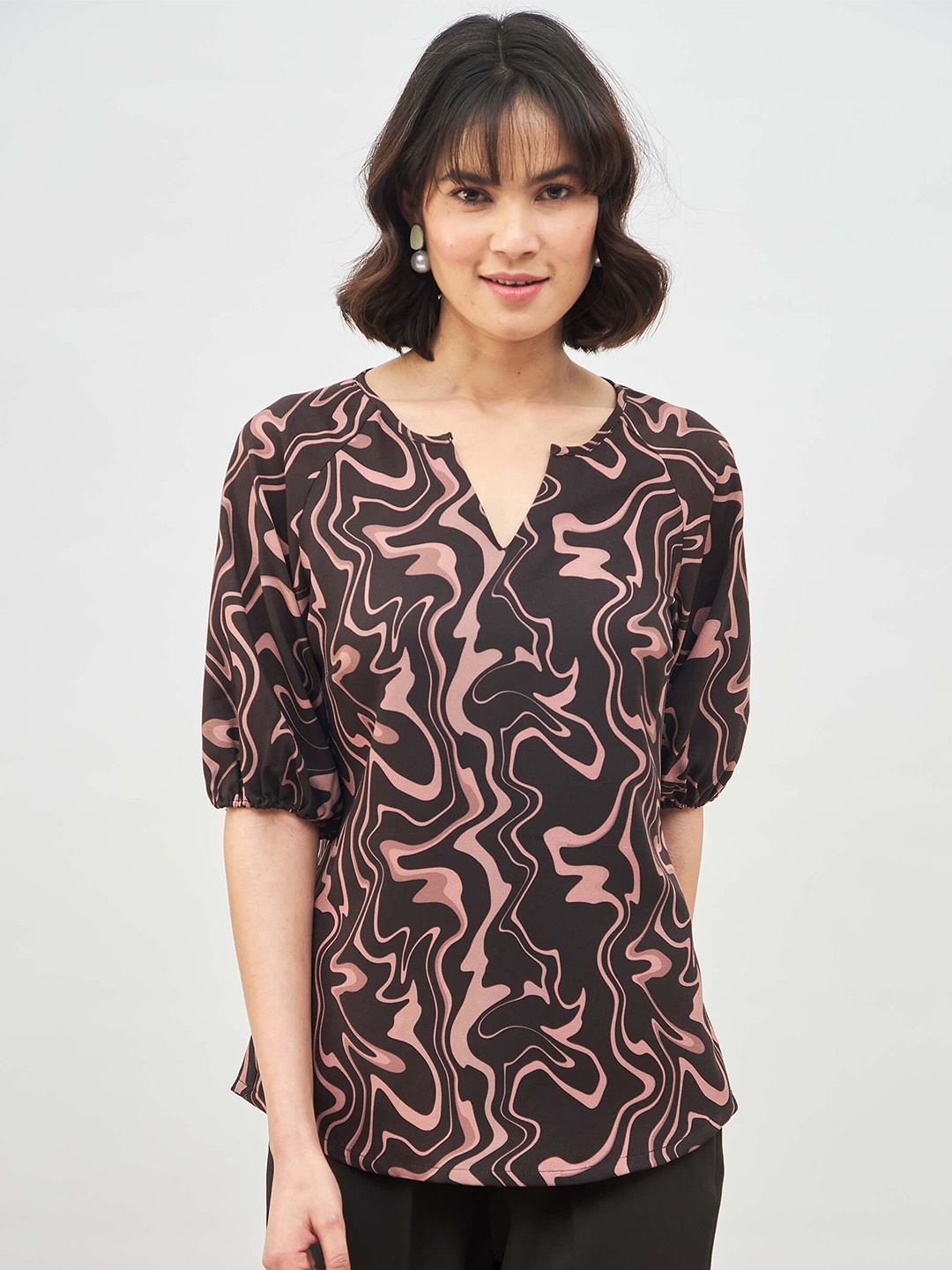

SALT ATTIRE Abstract Printed Notched Neck Puff Sleeves Top, Brown
