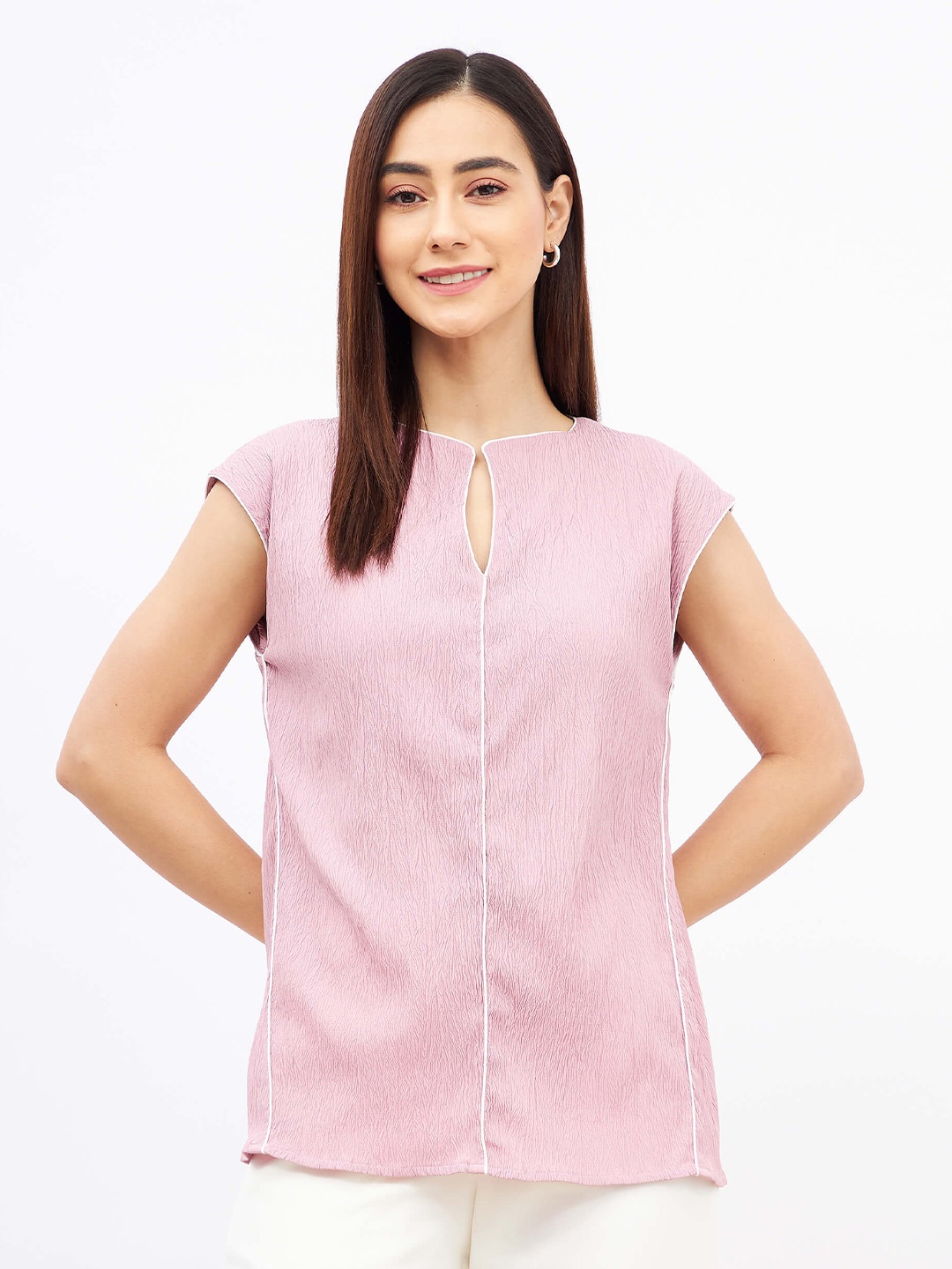 

SALT ATTIRE Self Design Keyhole Neck Extended Sleeves Top, Pink