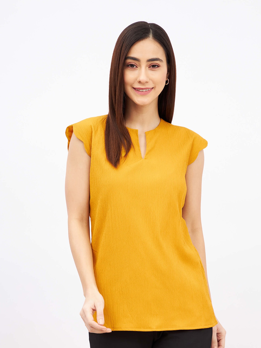 

SALT ATTIRE Self Design Keyhole Neck Scallop Sleeves Top, Mustard