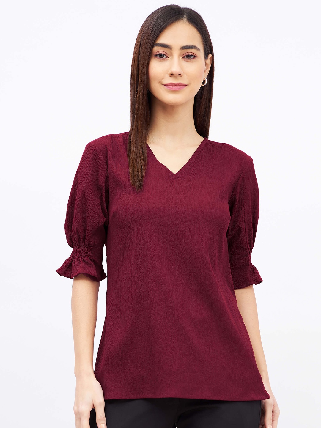 

SALT ATTIRE V-Neck Bell Sleeves Smocking detail Top, Maroon