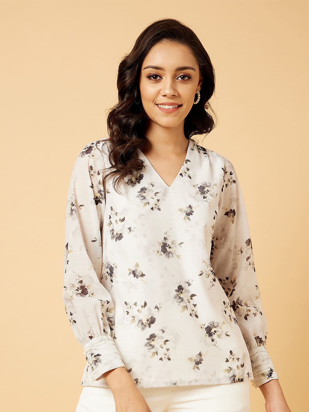 

SALT ATTIRE Floral Printed V-Neck Cuffed Sleeves Silk Top, Cream
