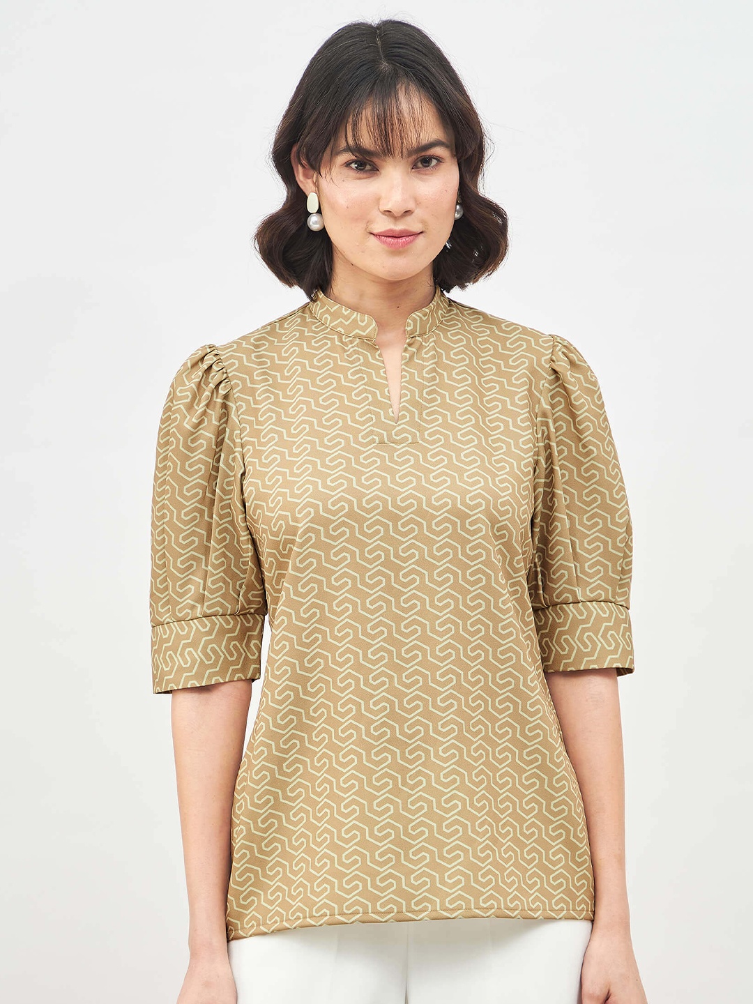 

SALT ATTIRE Geometric Printed Mandarin Collar Puff Sleeves Top, Mustard